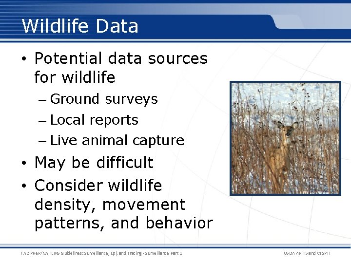 Wildlife Data • Potential data sources for wildlife – Ground surveys – Local reports