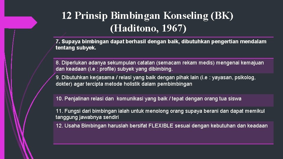 12 Prinsip Bimbingan Konseling (BK) (Haditono, 1967) 7. Supaya bimbingan dapat berhasil dengan baik,