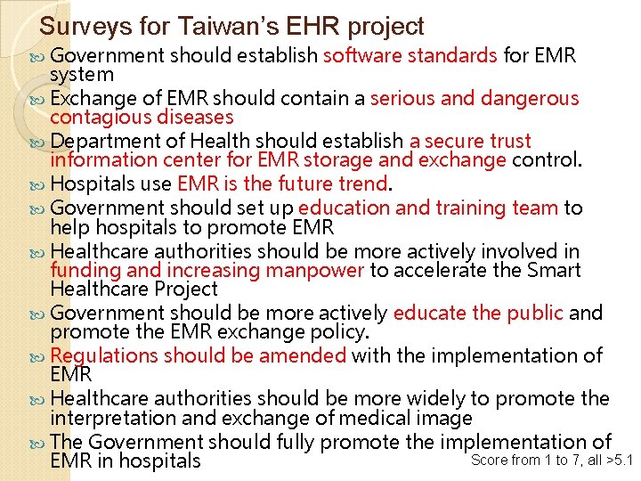 Surveys for Taiwan’s EHR project Government should establish software standards for EMR system Exchange