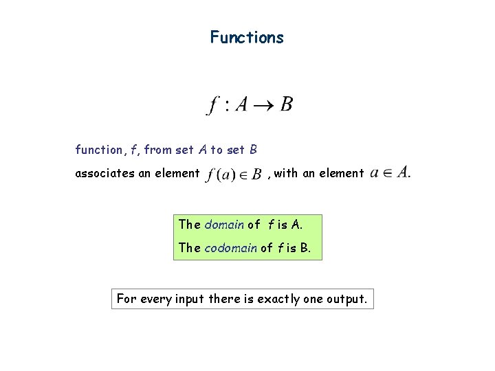 Functions function, f, from set A to set B associates an element , with