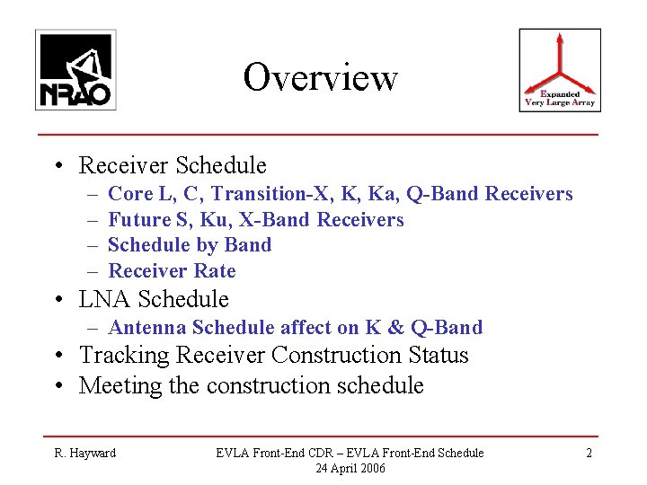 Overview • Receiver Schedule – – Core L, C, Transition-X, K, Ka, Q-Band Receivers