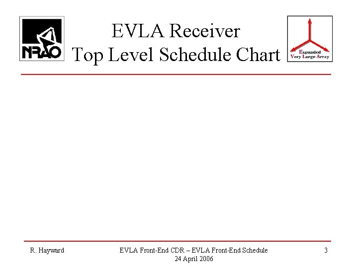 EVLA Receiver Top Level Schedule Chart R. Hayward EVLA Front-End CDR – EVLA Front-End