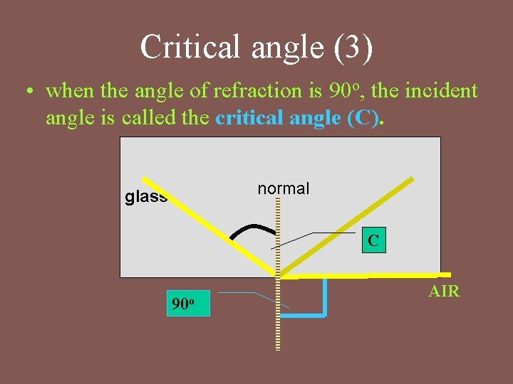 Critical angle (3) • when the angle of refraction is 90 o, the incident Critical angle (3) • when the angle of refraction is 90 o, the incident