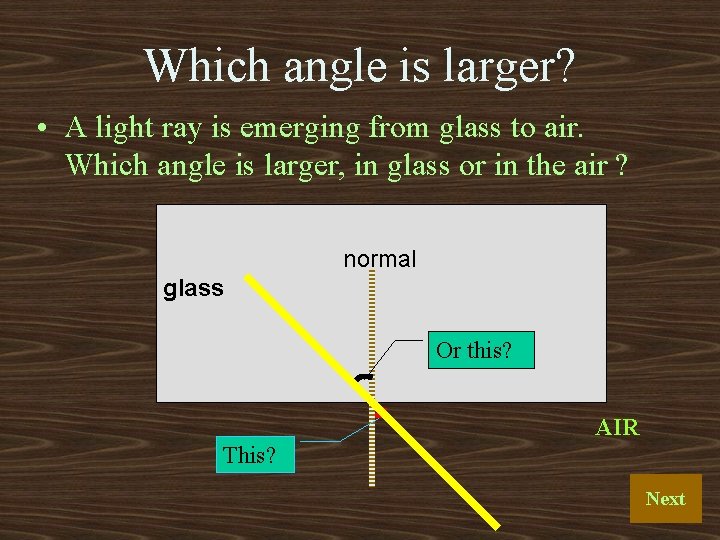 Which angle is larger? • A light ray is emerging from glass to air. Which angle is larger? • A light ray is emerging from glass to air.