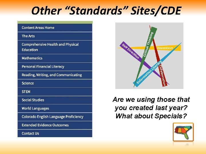 Other “Standards” Sites/CDE Are we using those that you created last year? What about