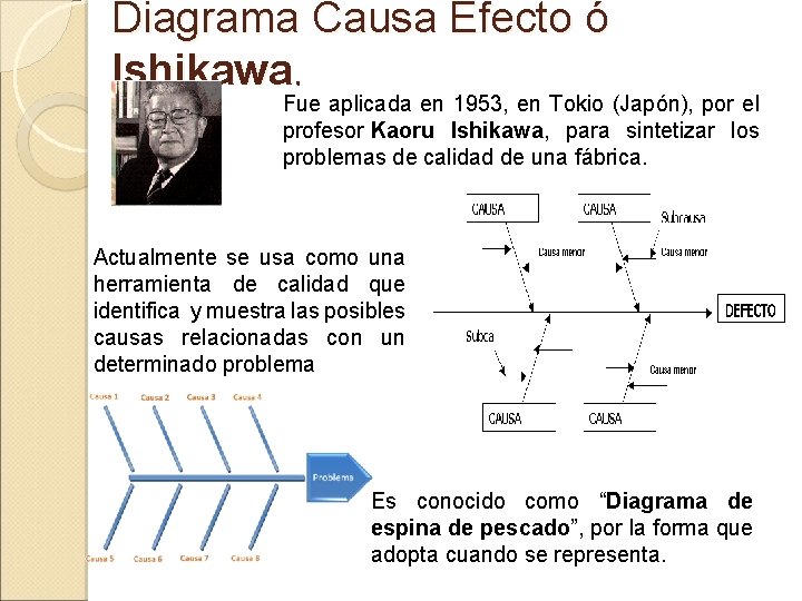 Diagrama Causa Efecto ó Ishikawa, Fue aplicada en 1953, en Tokio (Japón), por el