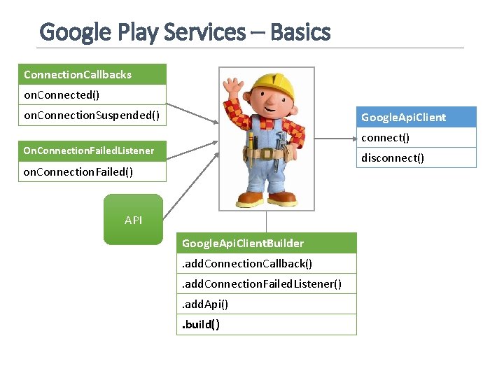 Google Play Services – Basics Connection. Callbacks on. Connected() on. Connection. Suspended() Google. Api.