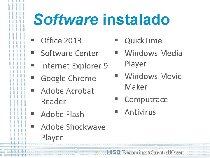 Software instalado Office 2013 Software Center Internet Explorer 9 Google Chrome Adobe Acrobat Reader