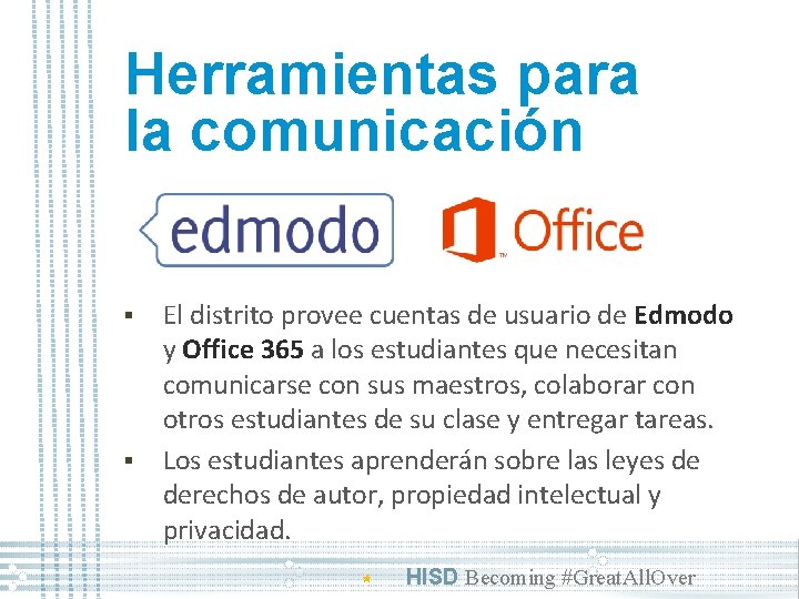 Herramientas para la comunicación § § El distrito provee cuentas de usuario de Edmodo