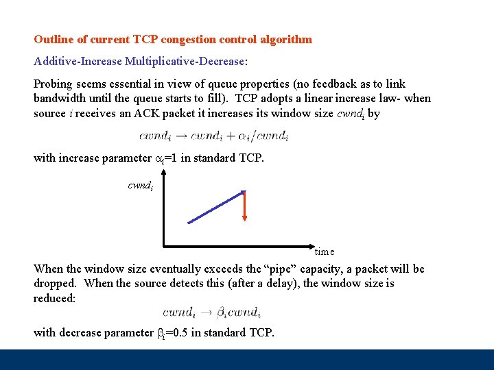 Outline of current TCP congestion control algorithm Additive-Increase Multiplicative-Decrease: Probing seems essential in view