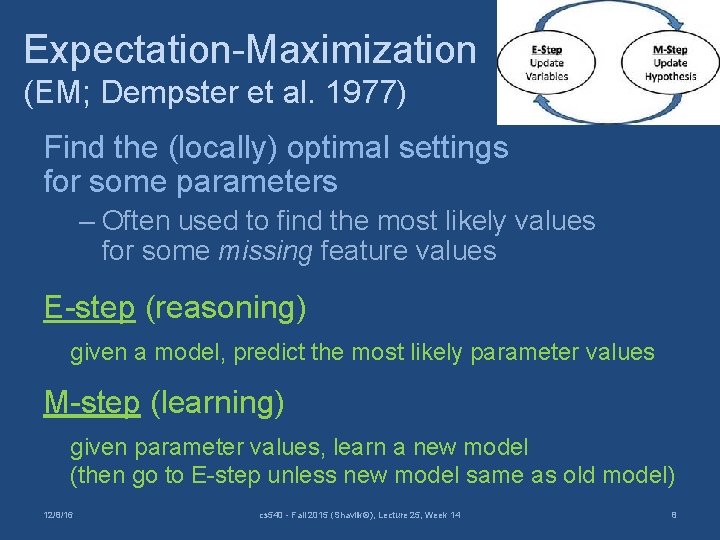 Expectation-Maximization (EM; Dempster et al. 1977) Find the (locally) optimal settings for some parameters