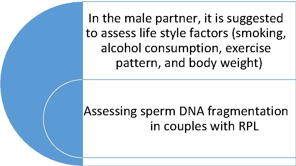 In the male partner, it is suggested to assess life style factors (smoking, alcohol