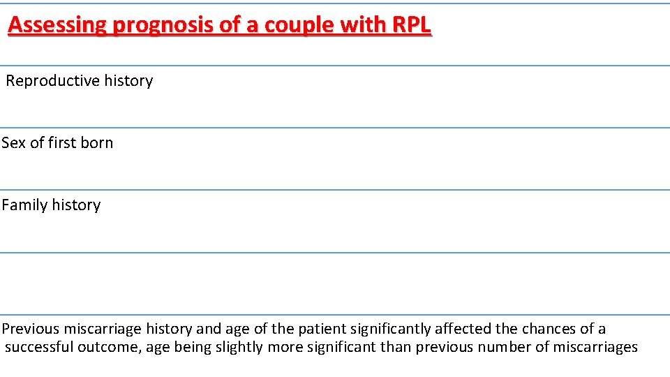 Assessing prognosis of a couple with RPL Reproductive history Sex of first born Family