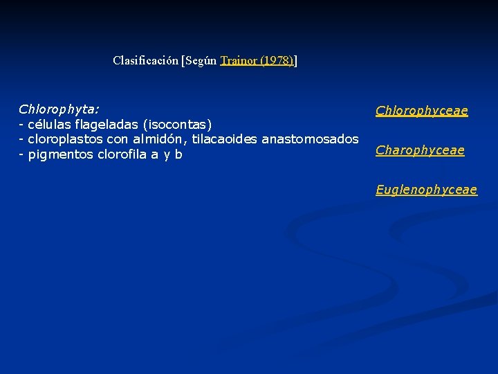 Clasificación [Según Trainor (1978)] Chlorophyta: - células flageladas (isocontas) - cloroplastos con almidón, tilacaoides