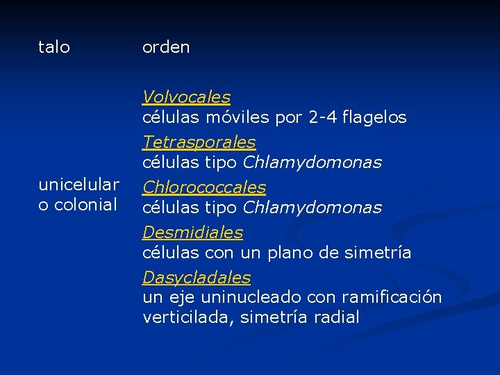 talo orden Volvocales células móviles por 2 -4 flagelos Tetrasporales células tipo Chlamydomonas unicelular