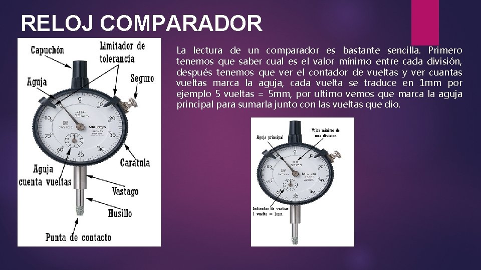 RELOJ COMPARADOR La lectura de un comparador es bastante sencilla. Primero tenemos que saber