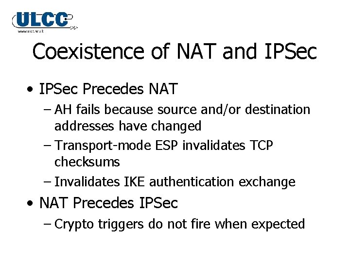 Coexistence of NAT and IPSec • IPSec Precedes NAT – AH fails because source Coexistence of NAT and IPSec • IPSec Precedes NAT – AH fails because source