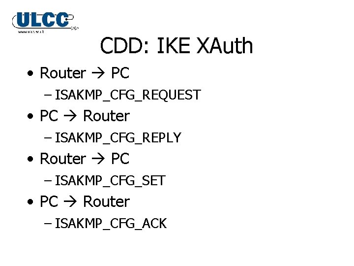 CDD: IKE XAuth • Router PC – ISAKMP_CFG_REQUEST • PC Router – ISAKMP_CFG_REPLY • CDD: IKE XAuth • Router PC – ISAKMP_CFG_REQUEST • PC Router – ISAKMP_CFG_REPLY •