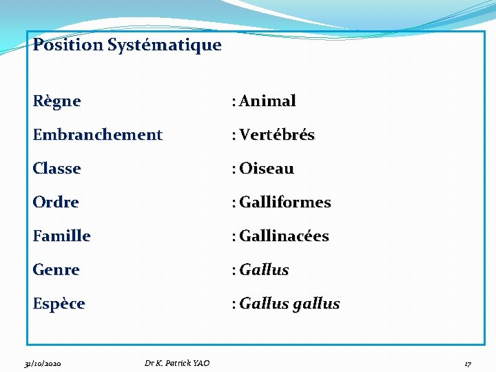 Position Systématique Règne : Animal Embranchement : Vertébrés Classe : Oiseau Ordre : Galliformes