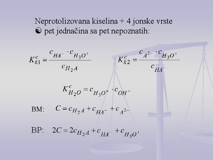 Neprotolizovana kiselina + 4 jonske vrste pet jednačina sa pet nepoznatih: BM: BP: 