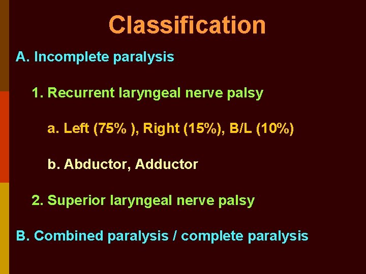Classification A. Incomplete paralysis 1. Recurrent laryngeal nerve palsy a. Left (75% ), Right