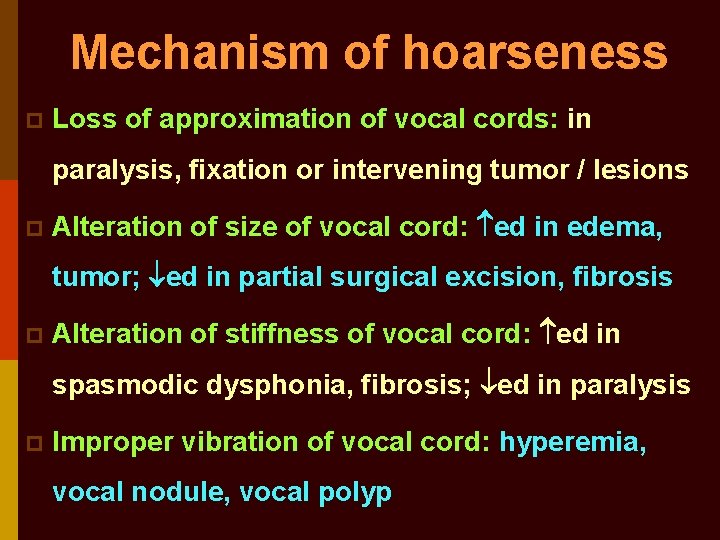Mechanism of hoarseness p Loss of approximation of vocal cords: in paralysis, fixation or