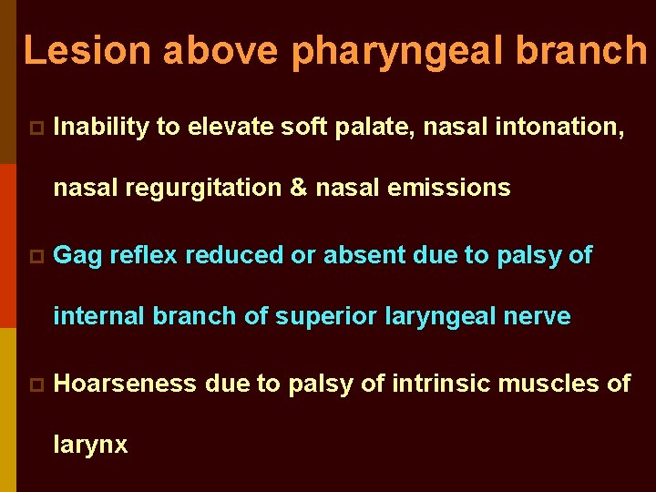 Lesion above pharyngeal branch p Inability to elevate soft palate, nasal intonation, nasal regurgitation