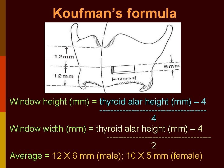 Koufman’s formula Window height (mm) = thyroid alar height (mm) – 4 ------------------- 4