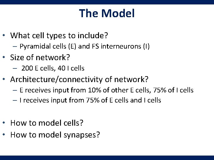The Model • What cell types to include? – Pyramidal cells (E) and FS