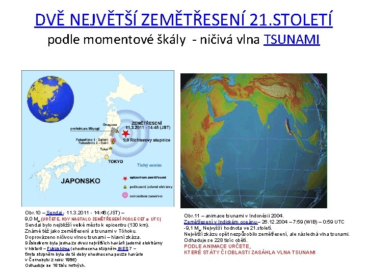 DVĚ NEJVĚTŠÍ ZEMĚTŘESENÍ 21. STOLETÍ podle momentové škály - ničivá vlna TSUNAMI Obr. 10