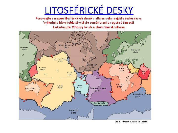 LITOSFÉRICKÉ DESKY Porovnejte s mapou litosférických desek v atlase světa, najděte české názvy. Vyhledejte