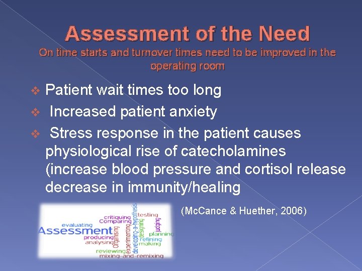 Assessment of the Need On time starts and turnover times need to be improved