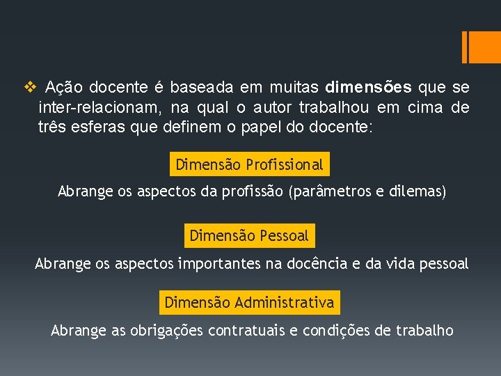 v Ação docente é baseada em muitas dimensões que se inter-relacionam, na qual o