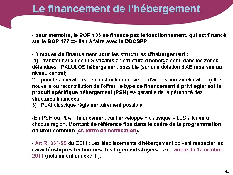 Le financement de l’hébergement - pour mémoire, le BOP 135 ne finance pas le