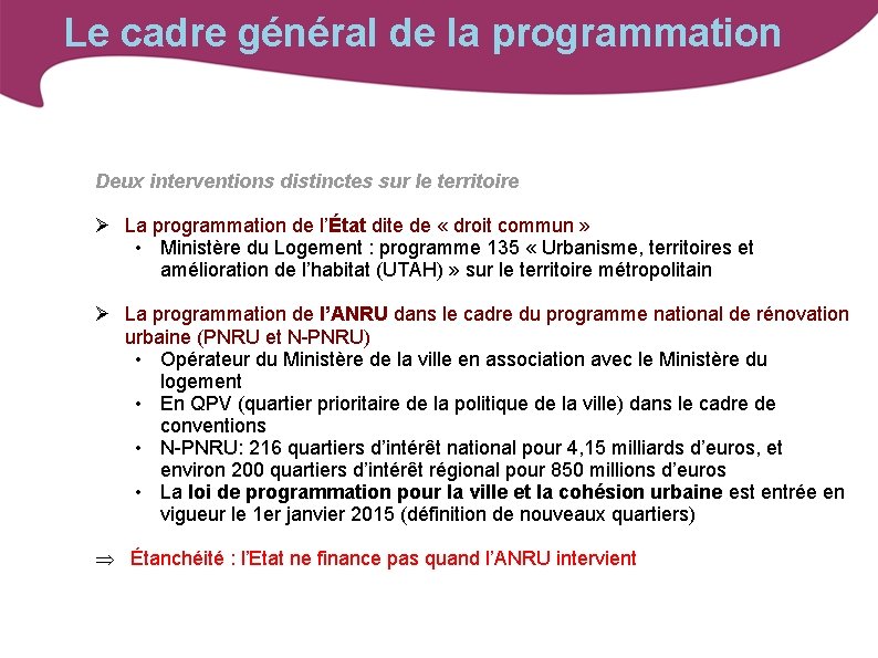 Le cadre général de la programmation Deux interventions distinctes sur le territoire La programmation