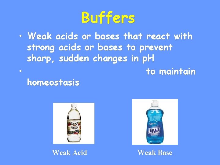 Buffers • Weak acids or bases that react with strong acids or bases to