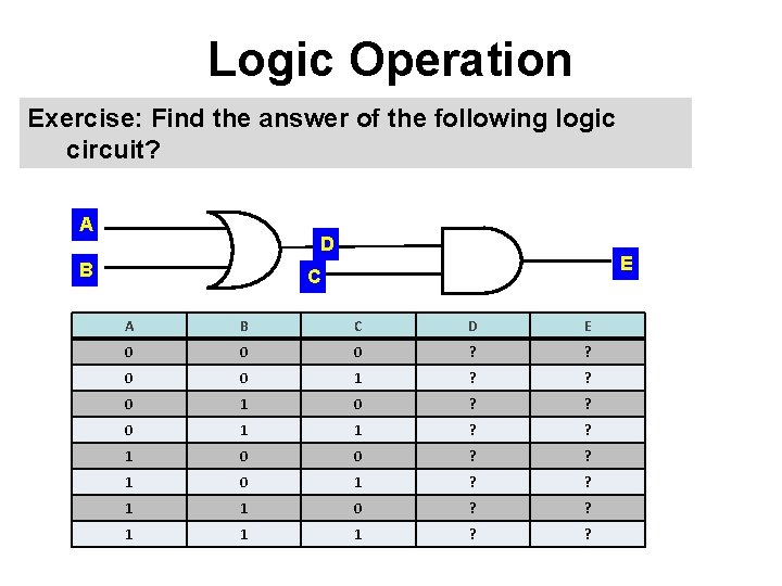 Logic Operation Exercise: Find the answer of the following logic circuit? A D B