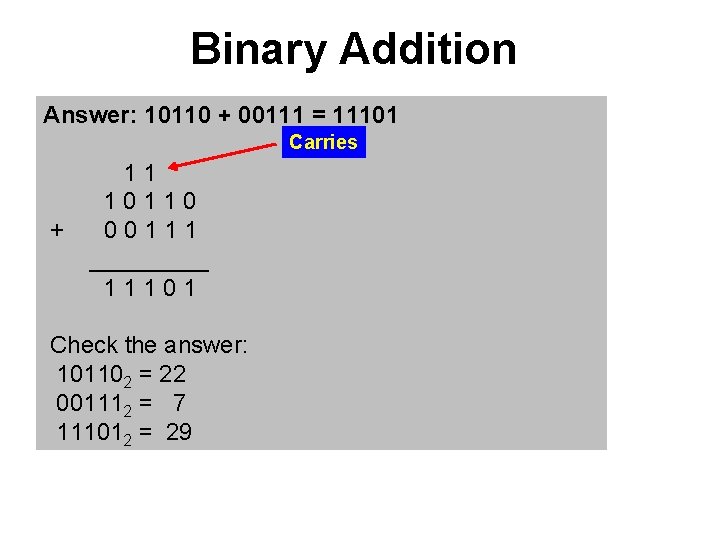 Binary Addition Answer: 10110 + 00111 = 11101 Carries 1 1 1 0 1