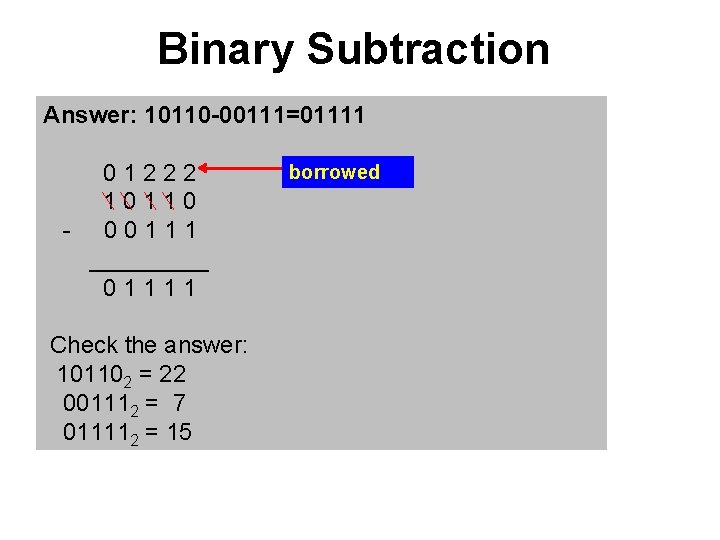 Binary Subtraction Answer: 10110 -00111=01111 0 1 2 2 2 1 0 1 1