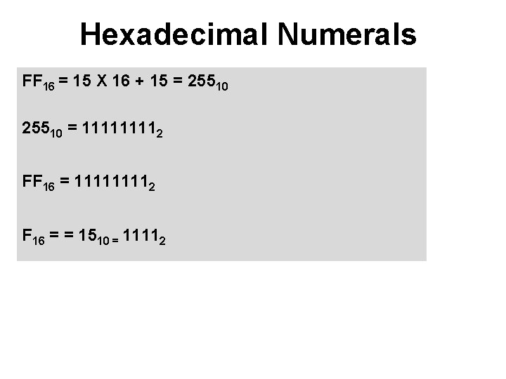 Hexadecimal Numerals FF 16 = 15 X 16 + 15 = 25510 = 11112