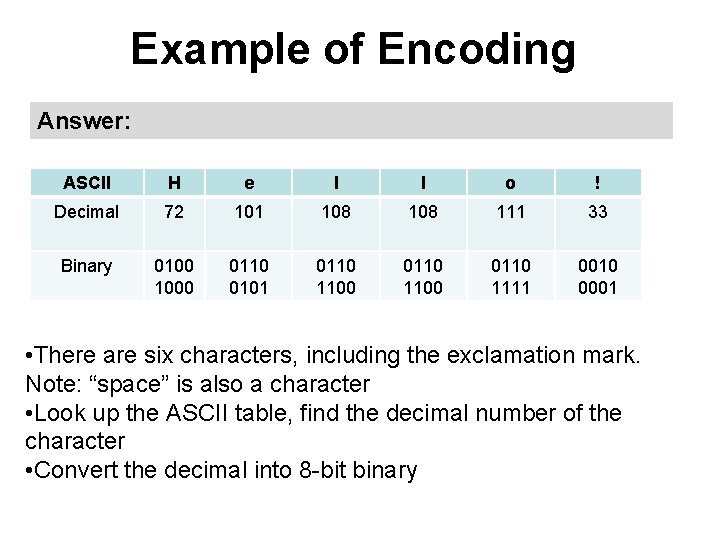 Example of Encoding Answer: ASCII H e l l o ! Decimal 72 101