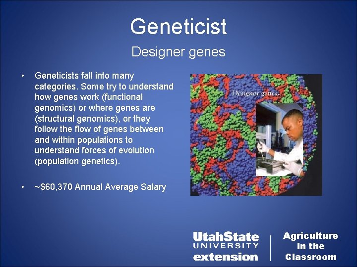 Geneticist Designer genes • Geneticists fall into many categories. Some try to understand how