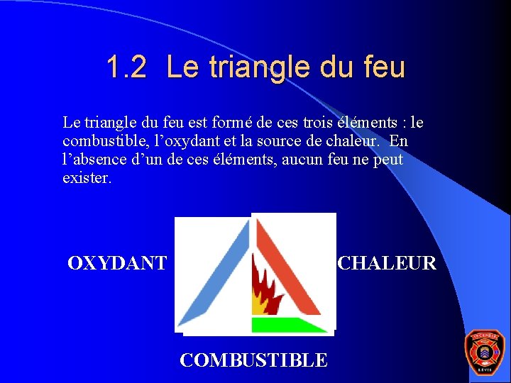 1. 2 Le triangle du feu est formé de ces trois éléments : le