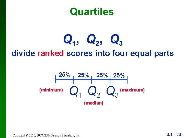 Quartiles Q 1, Q 2, Q 3 divide ranked scores into four equal parts
