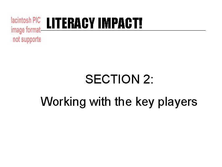 LITERACY IMPACT! SECTION 2: Working with the key players 