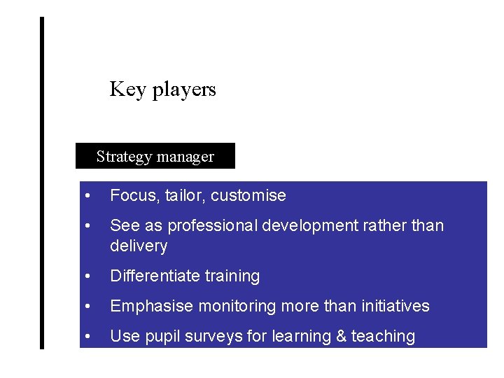 Key players Strategy manager • Focus, tailor, customise • See as professional development rather