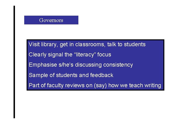 Governors Visit library, get in classrooms, talk to students Clearly signal the “literacy” focus