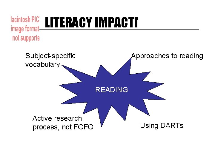 LITERACY IMPACT! Subject-specific vocabulary Approaches to reading READING Active research process, not FOFO Using