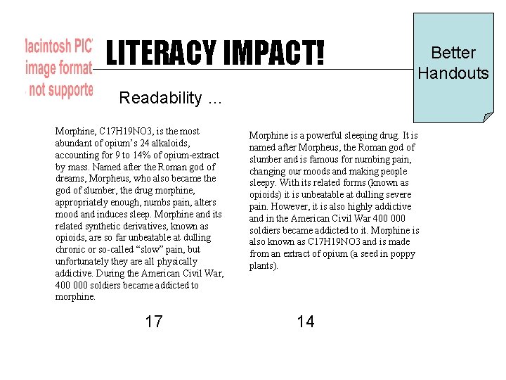 LITERACY IMPACT! Better Handouts Readability … Morphine, C 17 H 19 NO 3, is