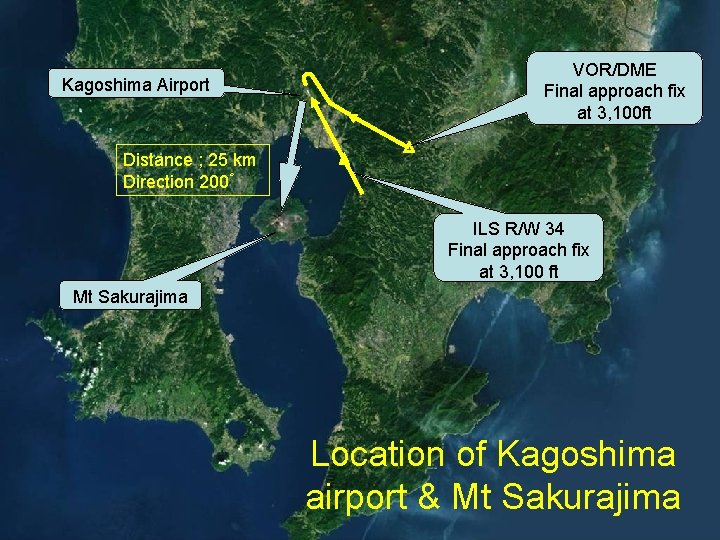 Kagoshima Airport VOR/DME Final approach fix at 3, 100 ft Distance ; 25 km